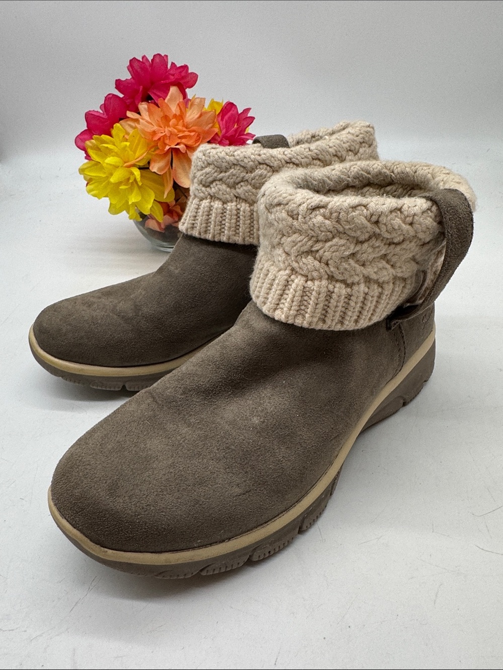 Skechers Taupe Suede Slip-On Ankle Boots with Cream Knit Cuff Size 11